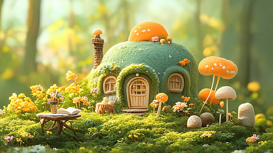 春天森林中可爱的羊毛毡绿房子与蘑菇图片