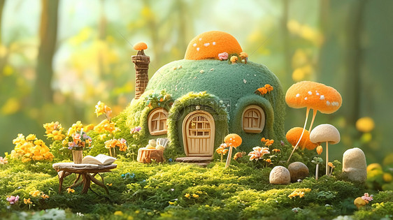 春天森林中可爱的羊毛毡绿房子与蘑菇图片