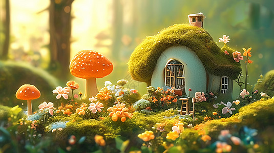 森林中的羊毛毡卡通绿房子与蘑菇图片