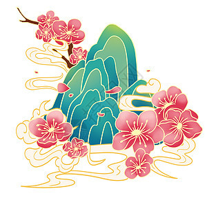 绿色可爱桃花植物春天插画人物元素图片