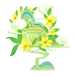 绿色可爱植物水井春天插画人物元素背景图片