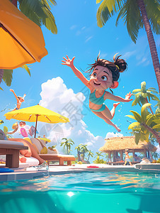 在游泳池游泳度假的可爱卡通小女孩图片