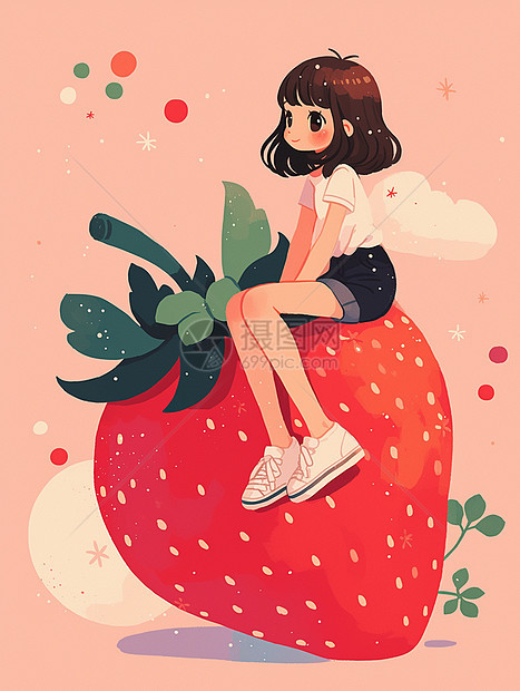 可爱的卡通女孩坐在大大的红色卡通草莓上图片