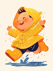 穿着黄色雨衣在雨中开心奔跑的小孩图片