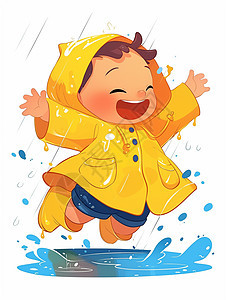 在雨中开心奔跑的卡通小孩图片