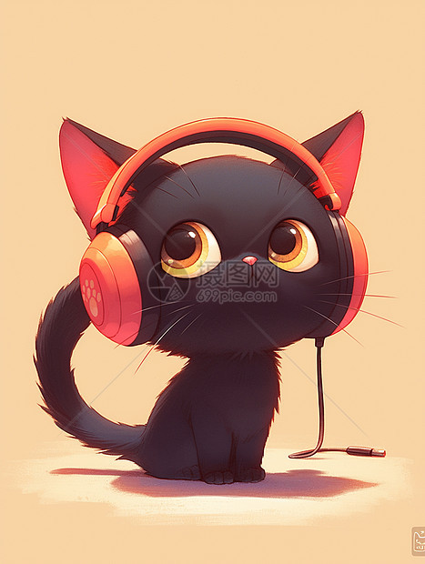 戴着耳麦听音乐的可爱卡通小黑猫图片