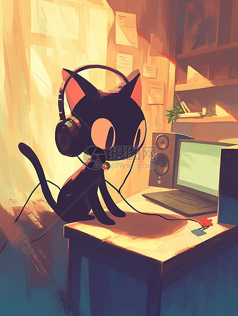 戴着耳麦听音乐的可爱小黑猫图片