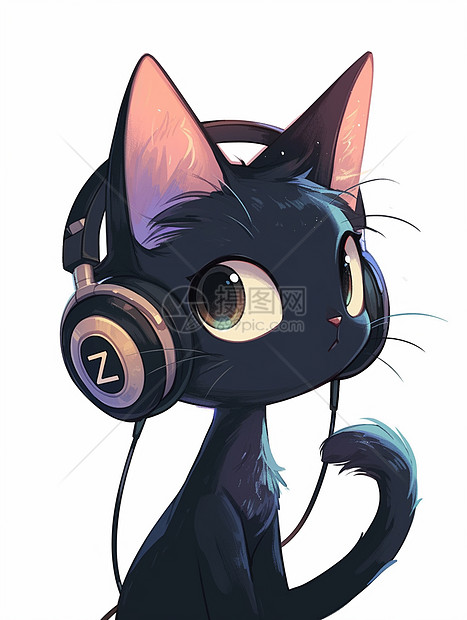 正在戴着耳麦认真听音乐的小黑猫图片