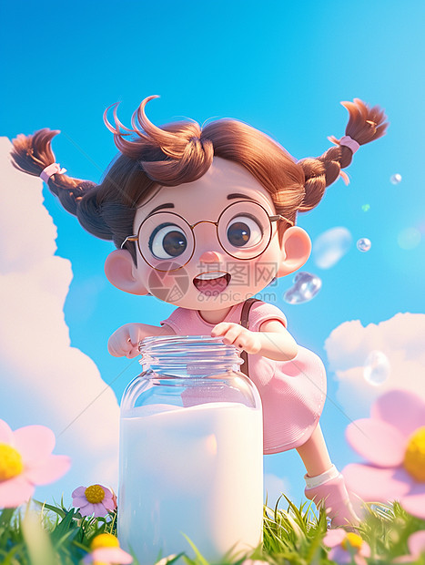 春天在开着花朵的草地上一个可爱的卡通小女孩抱着一大杯牛奶图片