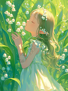 在梦幻花丛中闻花朵的可爱卡通小女孩图片
