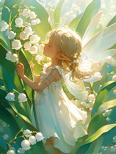 在梦幻花丛中闻花朵的可爱小女孩图片
