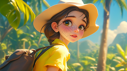 穿着黄色上衣戴着帽子在森林中探险的立体卡通女孩图片