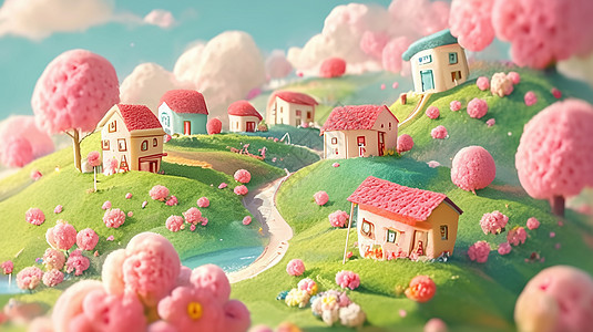 卡通小山村山坡上盛开着很多粉色的树羊毛毡卡通风景图片