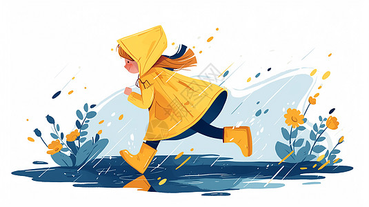 穿着黄色雨衣在雨中努力奔跑的卡通小女孩图片