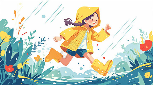 穿着雨衣在雨中努力奔跑的卡通小女孩图片