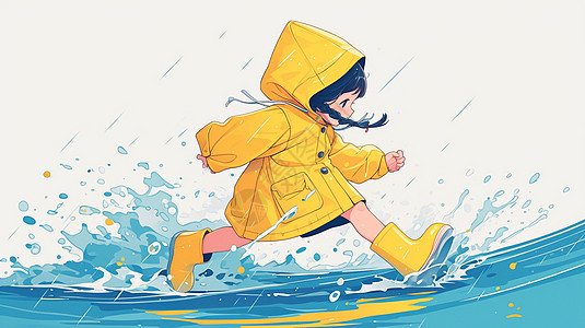 跑步在雨中努力奔跑的卡通小女孩插画