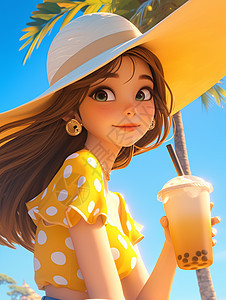 头戴着大大的遮阳帽穿着黄色波点上衣手拿奶茶的卡通女孩图片