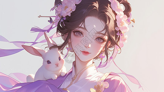 穿着紫色汉服头戴花朵的古风美女肩膀上有一只宠物兔图片