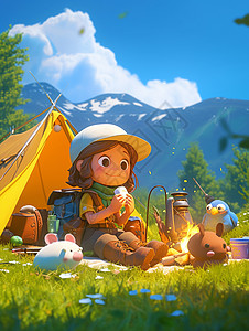 坐在帐篷外开心吃东西露营的女孩图片