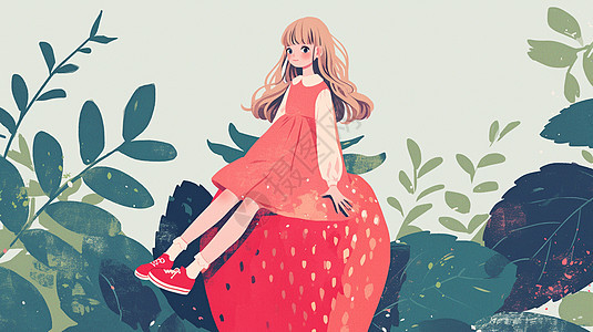 坐在红色大大的草莓上乖巧可爱的小女孩图片