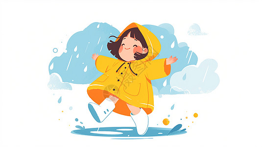 可爱的卡通小女孩在雨中开心玩耍图片