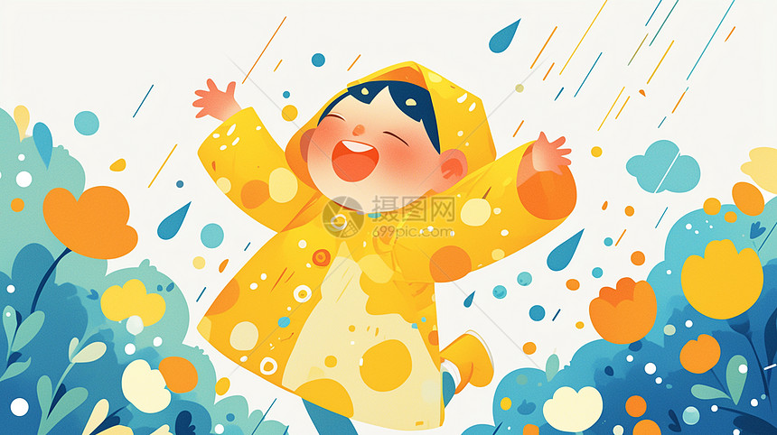 可爱的卡通小女孩在雨中玩耍图片