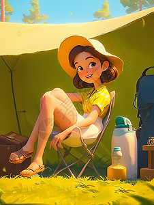 悠闲的坐在帐篷外露营休息的卡通女孩图片