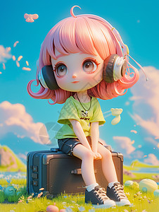 可爱的卡通小女孩坐在旅箱上图片