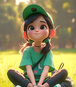 春天坐在草地上头戴棒球帽的时尚卡通女孩高清图片