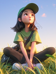 春天坐在草地上穿着绿色T恤头戴棒球帽的卡通女孩图片