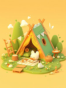 森林中可爱的卡通露营帐篷图片