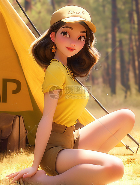 穿着黄色上衣头戴棒球帽长发的卡通女孩在森林草地上露营图片