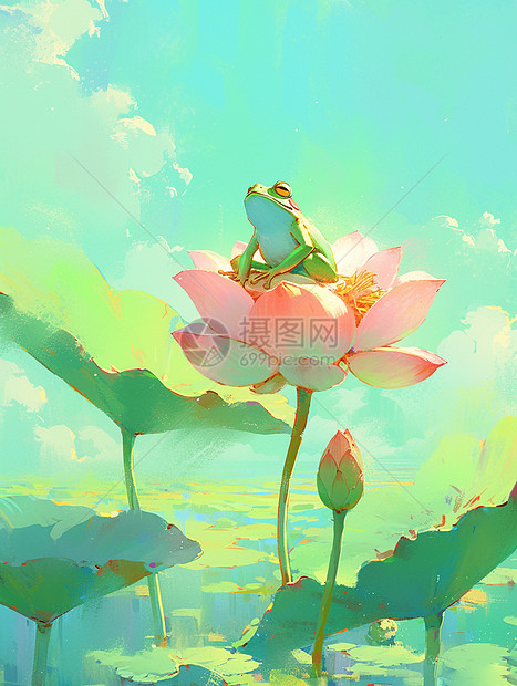 在粉色荷花上一只可爱的绿色卡通小青蛙图片