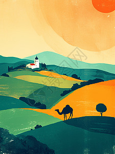一只骆驼走在山坡上唯美扁平风插画图片
