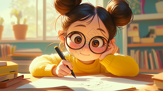 穿着黄色毛衣趴在桌子上写作业的卡通小女孩图片