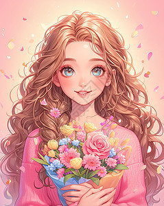 穿着毛衣怀抱着花朵长卷发漂亮的卡通女孩图片