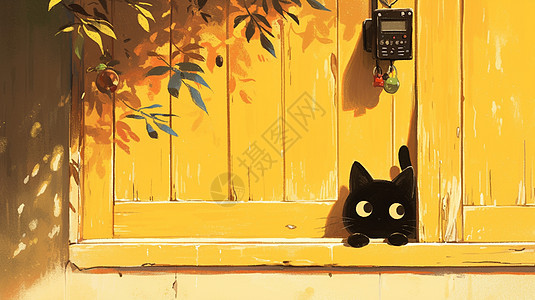 躲在木门后可爱的小黑猫图片