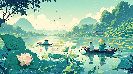 划船插画雨中在湖面上的两艘小小的船插画