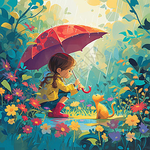 举着红色雨伞在在雨中与黄色小猫对视的卡通女孩图片