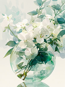 透明花瓶中插着一束白色漂亮的卡通花朵图片