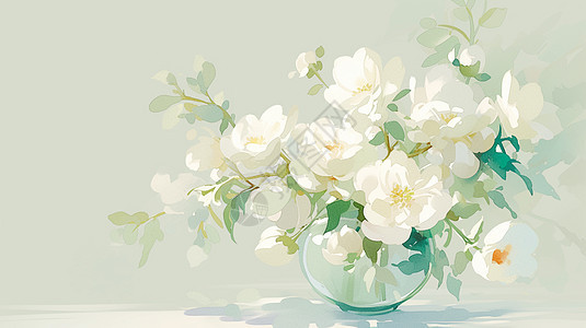 白色透明花瓶中插着花朵图片
