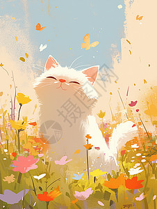 白色可爱的卡通小猫在花丛中高清图片