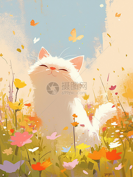 白色可爱的卡通小猫在花丛中图片