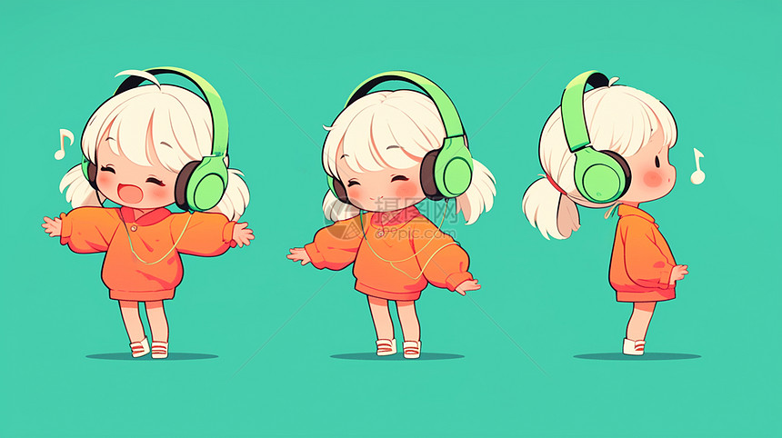 戴着绿色耳麦开心听音乐的卡通小女孩图片
