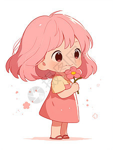 手拿一朵小花可爱的粉色头发卡通小女孩图片