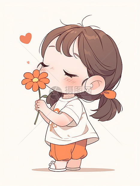 穿白色T恤手拿一朵小花的可爱卡通小女孩图片