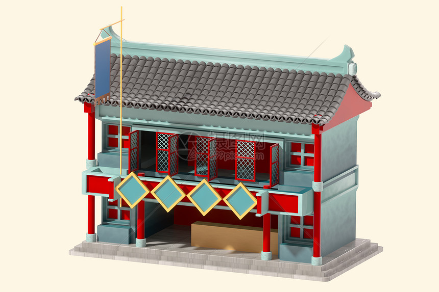 c4d立体卡通古建筑酒楼3d插画元素图片