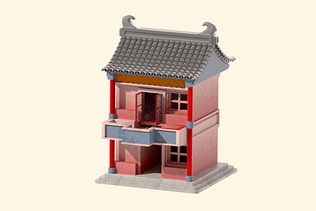 c4d立体卡通古建筑两层楼3d插画元素图片