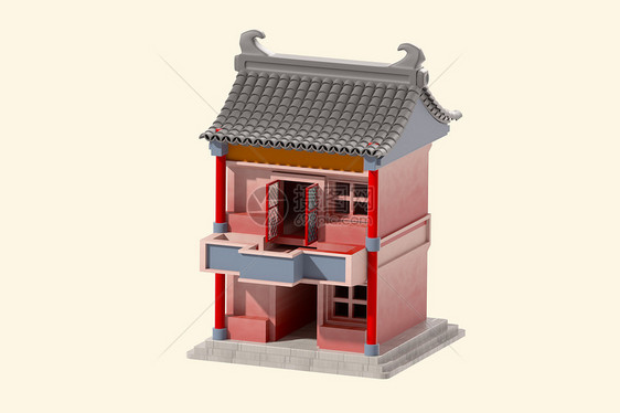 c4d立体卡通古建筑两层楼3d插画元素图片