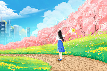 手绘治愈系女孩春游踏青樱花场景插画插画